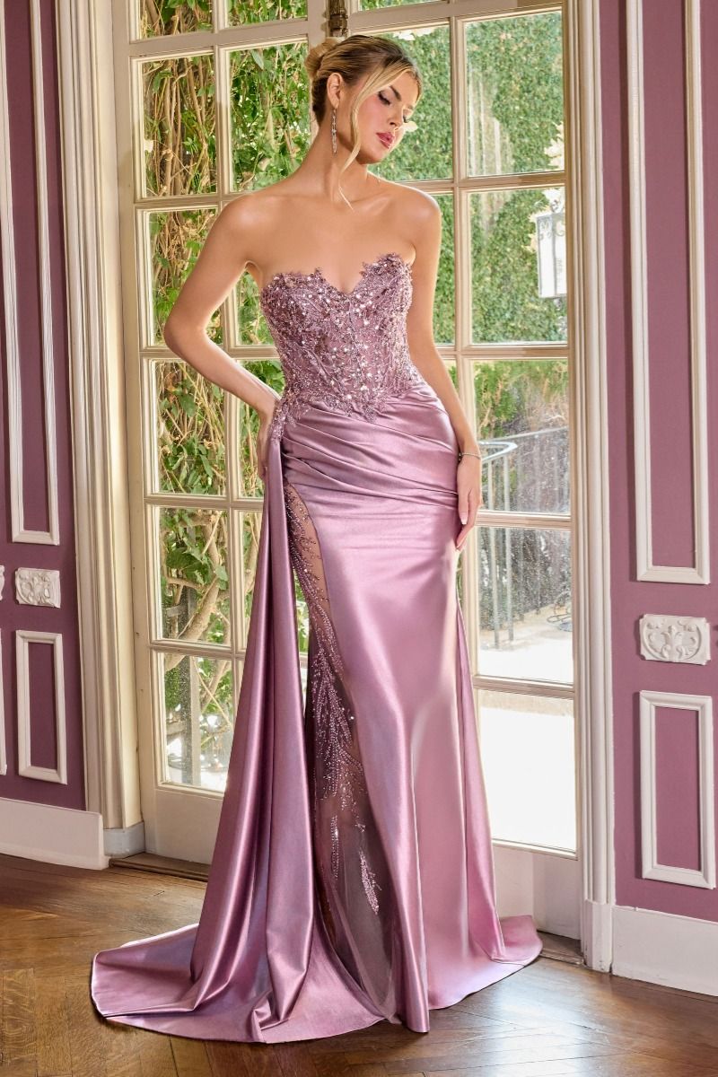 ROVET Sequins Embellished Long Graduation Gown w/ Corset Bodice & Side Drape CDCDS565