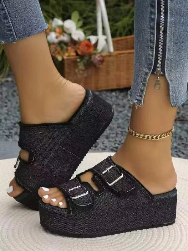 ROVET Selvanelle Raw Hem Wedge Buckle Sandals For Women