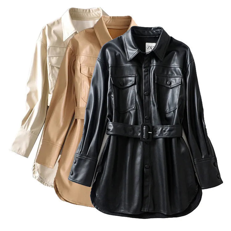 ROVET Women's high waist lace-up PU coat