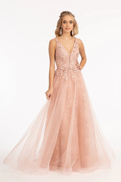 ROVET 3 d flower embroidered mesh a line dress w rhinestone and jewel embellished GLGL3012