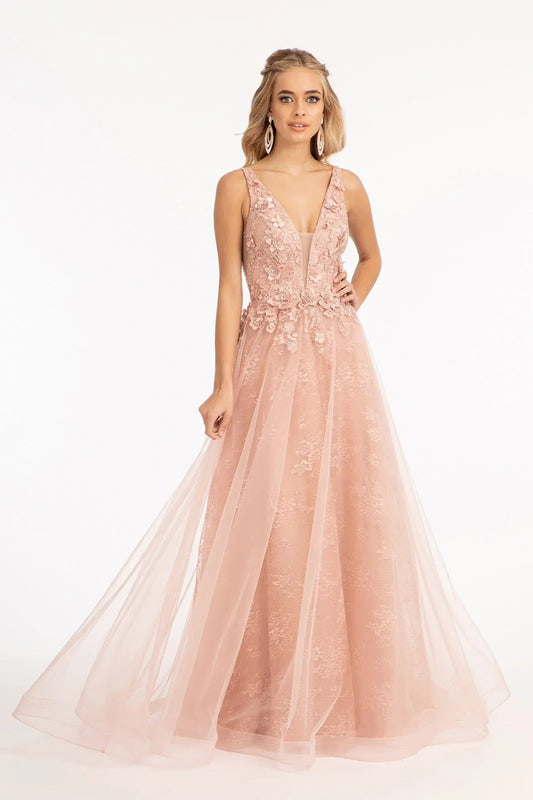 ROVET 3 d flower embroidered mesh a line dress w rhinestone and jewel embellished GLGL3012