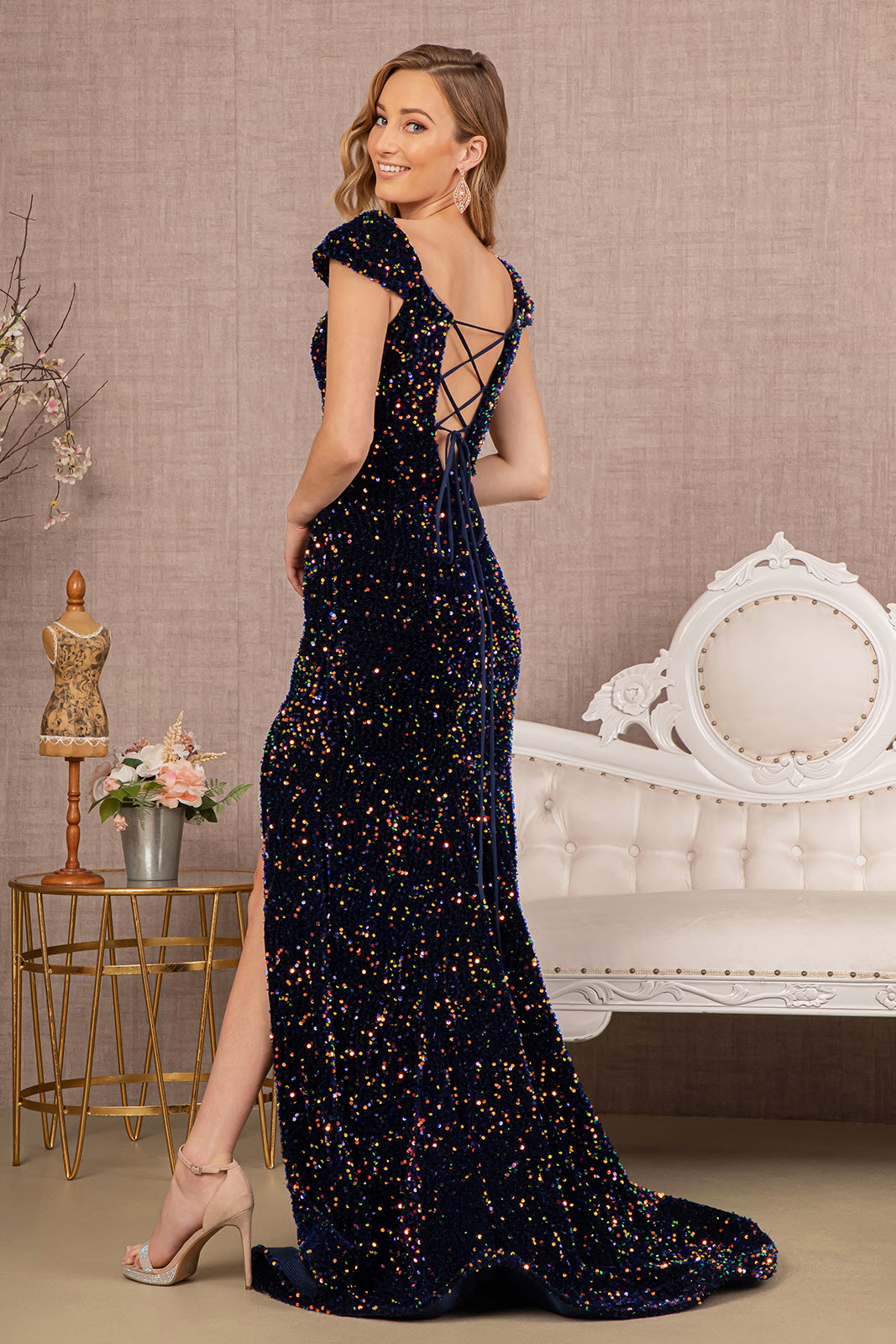 ROVET Sequin Off Shoulder Lace-up Back Velvet Mermaid Long Prom Dress GLGL3148